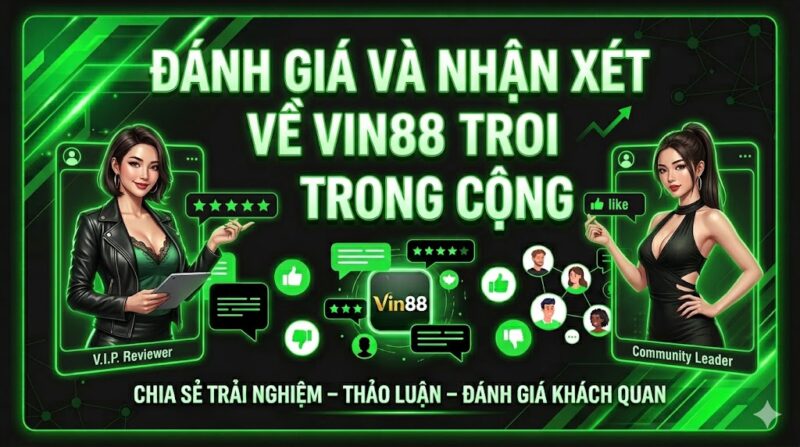 Tạo ảnh với kích thước 800*450 với màu sắc nổi bật màu xanh lá và đen, có dòng chữ 'Đánh Giá Và Nhận Xét Về Vin88 Trong Cộng Đồng'